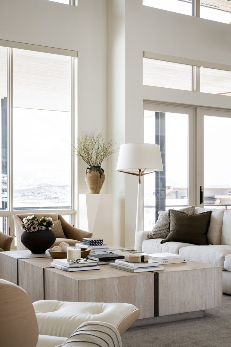 Love this beautiful modern living room design with a wood coffee table and neutral furniture and decor 
