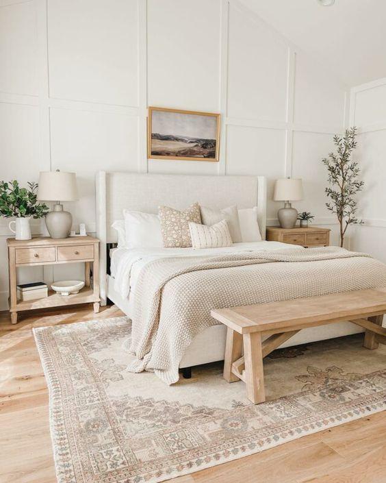 Love this beautiful modern master bedroom with soft neutral bedding, decor and furniture - bedroom decor - bedroom furniture - bedroom rug ideas - modern farmhouse bedroom - alexis andra austin