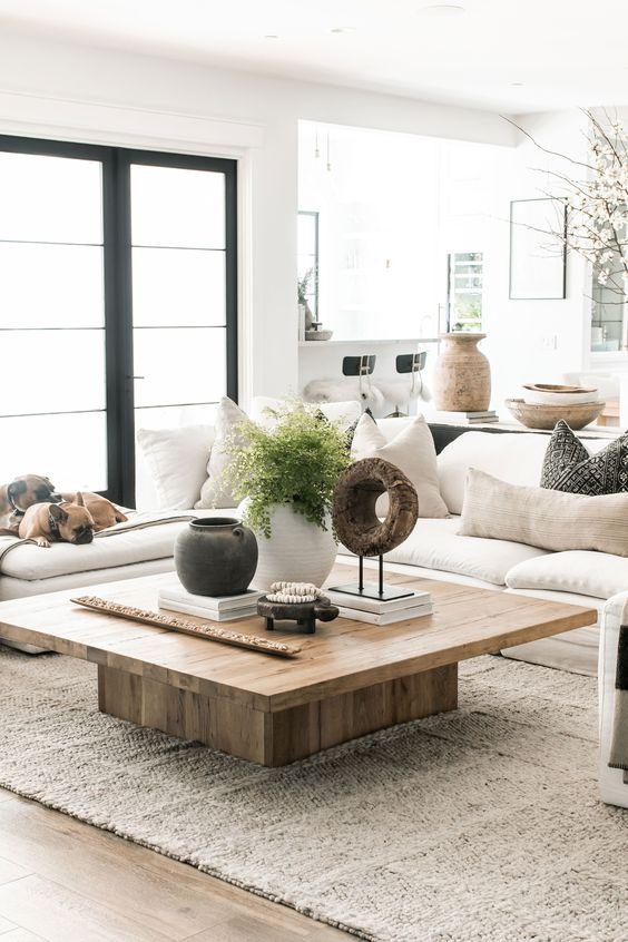 Love this beautiful modern living room design with a large wood coffee table, neutral decor, and large white sectional - public 311 design - living room ideas - living room decor - living room furniture - living room table - organic modern decor
