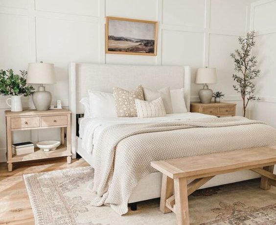 Love this beautiful modern master bedroom with soft neutral bedding, decor and furniture - bedroom decor - bedroom furniture - bedroom rug ideas - alexis andra austin