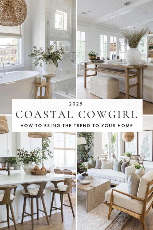 A look at the coastal cowgirl interior design trend, with ideas and inspiration for adding a chic modern western aesthetic and a touch of organic coastal decor to the living room, bedroom, kitchen, and home in 2025