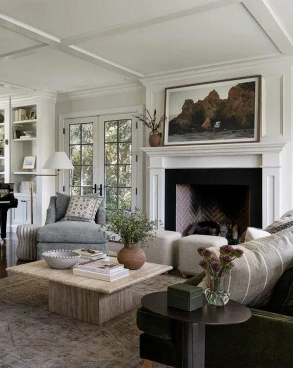 Love this beautiful living room design with a travertine coffee table - studio mcgee