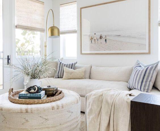 Love this beautiful living room design with soft neutral tones, furniture and decor - small living room decor - coastal living rooms - modern coastal style - beach house interior design - pure salt interiors
