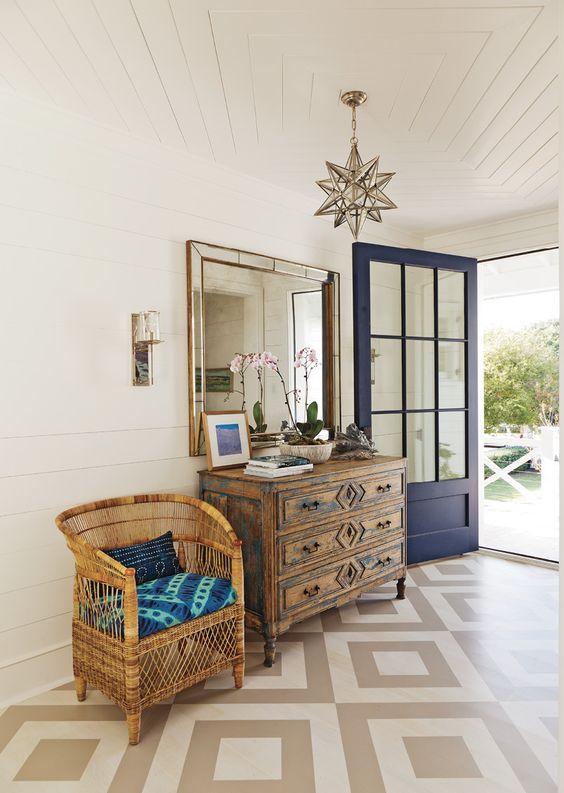 Love this beautiful entryway design with a dark blue front door and patterned tile - jenny keenan design - clowney architects