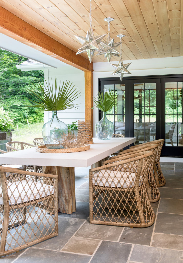 Love this beautiful enclosed patio and outdoor dining room with a natural wood ceiling, and beautiful outdoor dining table and chairs - patio ideas - backyard retreat - veranda - back porch - covered porch - covered patio - stephanie kraus