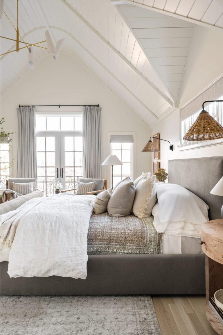 Love this beautiful bedroom design with woven sconces, layered bedding, and neutral decor and furniture - bedroom ideas - bedroom decor - coastal decor - coastal cowgirl - studio mcgee