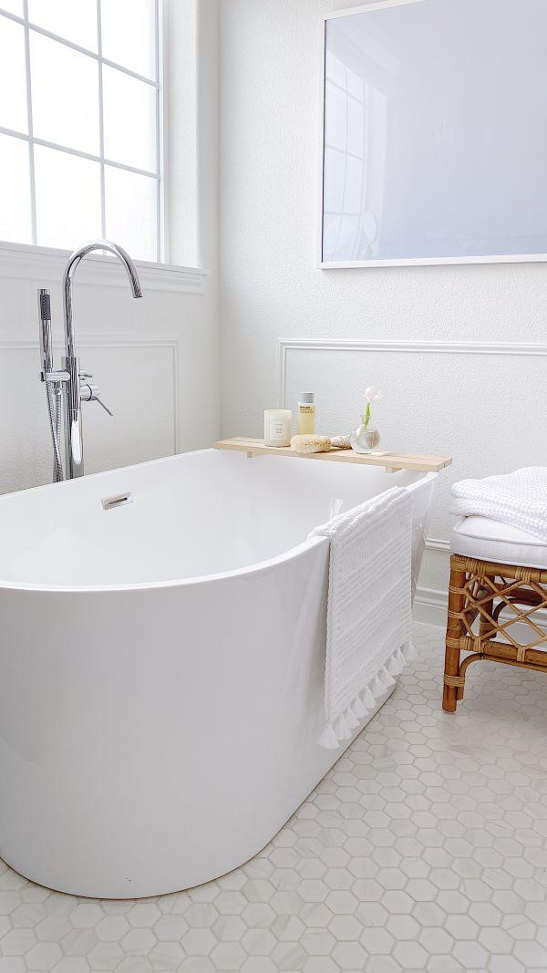 Our master bathroom remodel on a budget - jane at home - wall color is Benjamin Moore White Dove