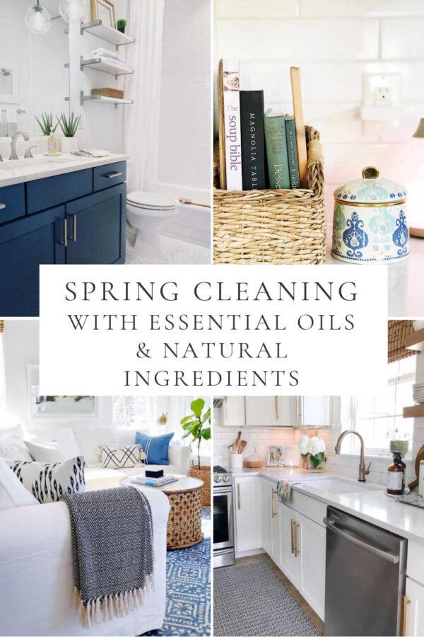 Natural DIY recipes and ideas for spring cleaning your home with essential oils and other natural ingredients, with easy tips for cleaning floors, kitchen sinks, bathroom toilets, rugs, natural soft scrub recipes, laundry, and more!