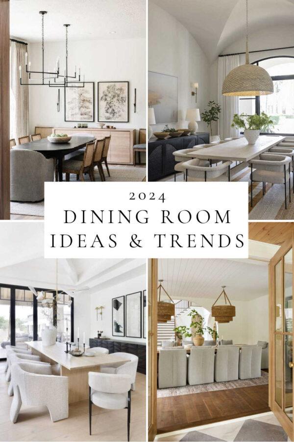 Beautiful modern dining room design ideas and trends for 2024, with lighting, rugs, furniture, tables, chairs, sideboards, art, kitchen breakfast nooks, coastal dining rooms, and more!