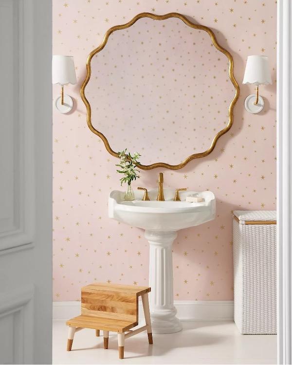 Serena & Lily powder bathroom with wavy scalloped mirror