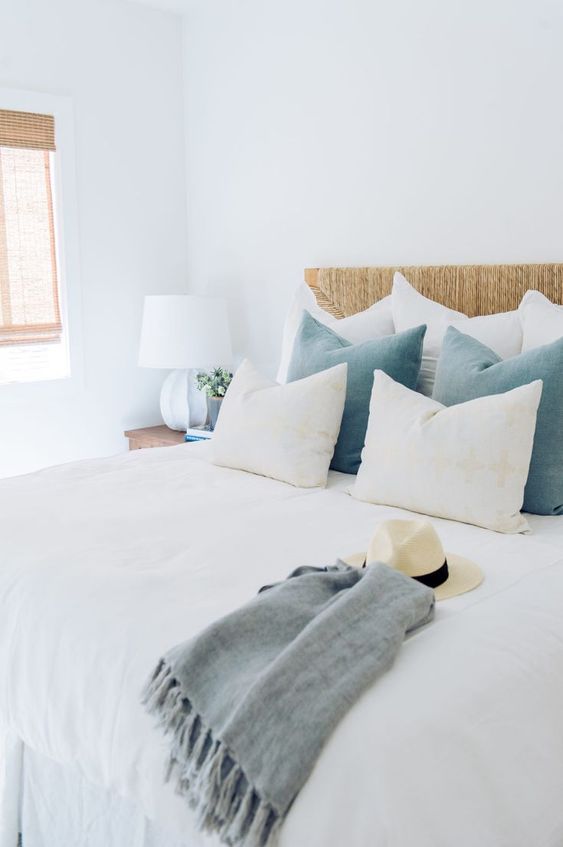 Love this light and airy bedroom design with all white bedding and touches of blue - bedroom ideas - coastal decor - coastal bedroom - bedroom decor - coastal grandmother aesthetic