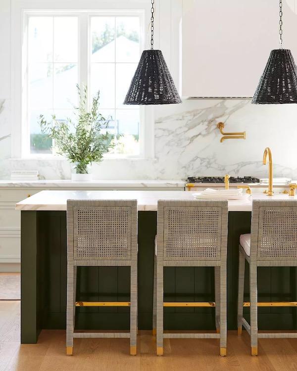 Serena & Lily kitchen - gray counter stools black woven pendants