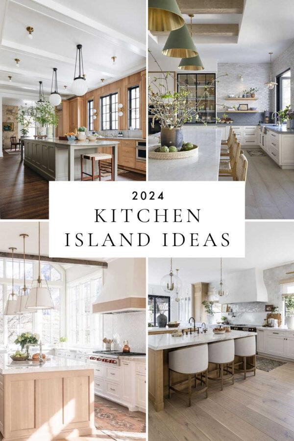 Beautiful kitchen island ideas, with designer kitchen inspiration, dimensions and measuring tips, layouts, lighting, 2024 kitchen cabinet color trends, small kitchens, kitchen islands with shelves, and more!