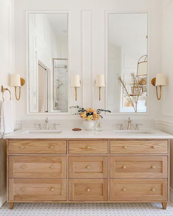 Beautiful bathroom mirror ideas and trends for 2023 into 2024, with decorating ideas, designs, lighting, vanity ideas, wood cabinets, hardware, faucets, bathroom decor, glam bathroom ideas, shower tile & more - akb design studio