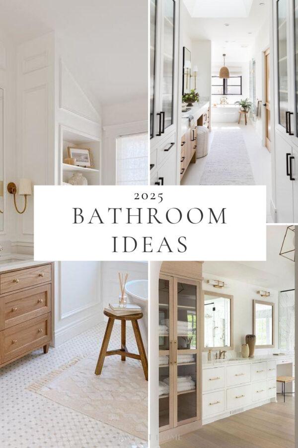 Beautiful bathroom design ideas for 2025, with transitional style bathrooms, master and small bathroom designs, decor ideas, vanity trends, modern coastal bathrooms, elegant powder rooms, shower tile ideas, narrow bathroom designs, and more!