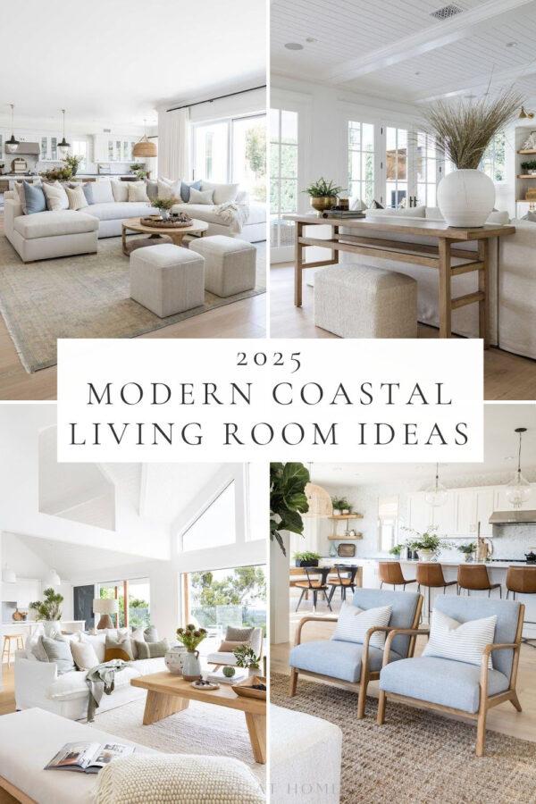 Beautiful modern coastal living room ideas and trends for 2025, with decorating ideas, California casual design inspiration, beach house style, neutral coastal modern living rooms, living room decor, cozy coastal livingroom layout ideas, and inspiration for a modern coastal home 