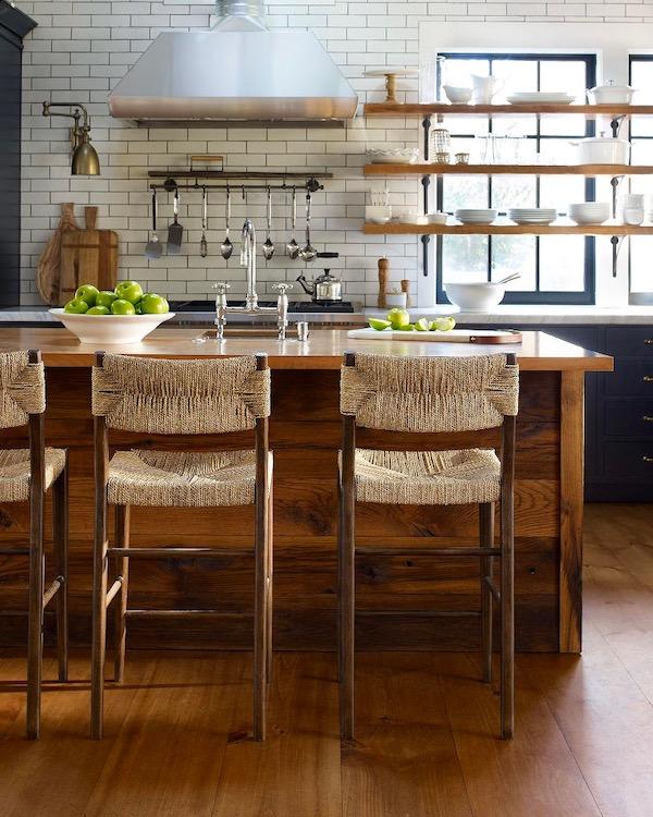 Serena & Lily kitchen dining with woven counter stools