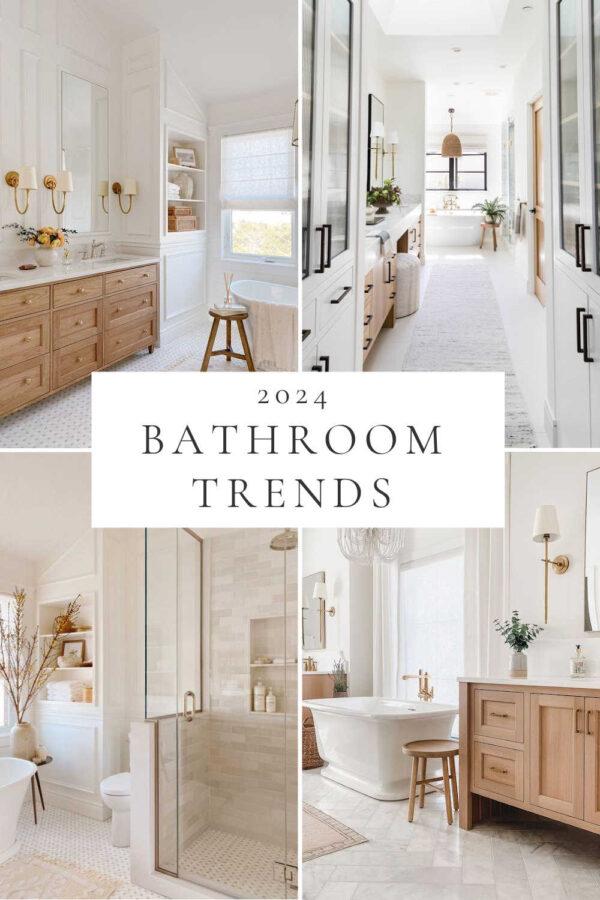 Beautiful bathroom trends for 2024, with design and decor ideas and inspiration for master bathrooms, powder rooms, vanity cabinets, color trends, lighting, small full bathroom ideas, mixed metals, and more!