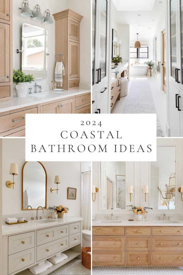 Beautiful coastal bathroom ideas and trends for 2024, with design and decor ideas and inspiration for master bathrooms, powder rooms, vanity cabinets, color trends, lighting, small full bathroom ideas, mixed metals, and more!