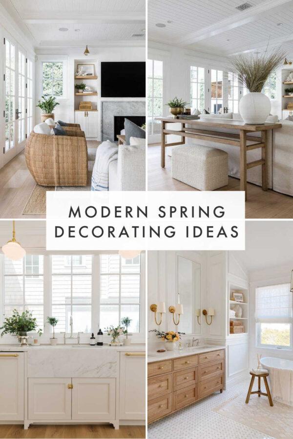 Beautiful spring 2024 decor ideas for the home and mantel, with designer inspiration and styling tips for decorating the living room, kitchen, bedroom, entryway, bathroom, and porch with a modern touch!