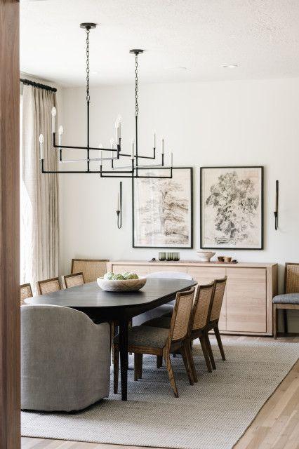 Love this beautiful modern organic dining room design ideas and trends for 2024, with designer inspiration, lighting, rugs, furniture, tables, chairs, sideboards, artwork, kitchen breakfast nooks, and more - remedy design