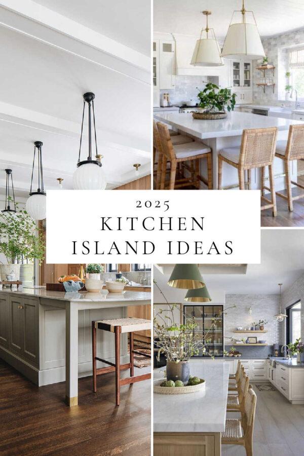 Beautiful kitchen island ideas, with designer kitchen inspiration, dimensions and measuring tips, layout tips, lighting, 2025 kitchen cabinet trends, small kitchens, colors, kitchen islands with shelves, and more!