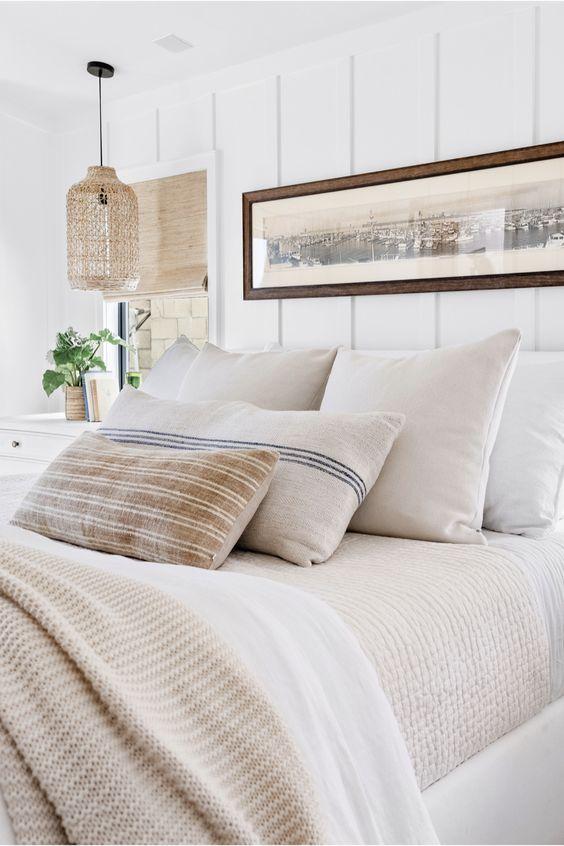 Love this beautiful bedroom idea with luxurious cozy bedding and warm neutral decor - pure salt interiors