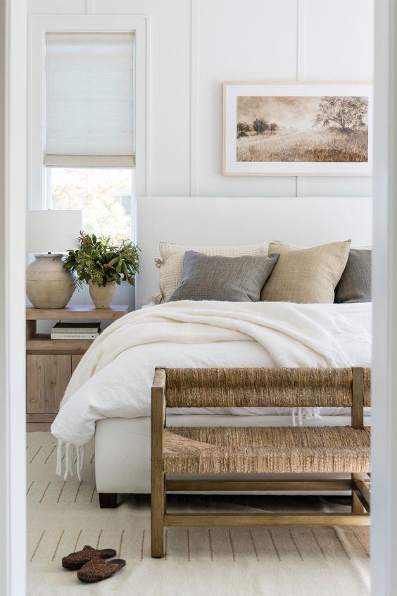 Love this beautiful modern master bedroom design with cozy luxurious bedding and neutral decor - pure salt interiors