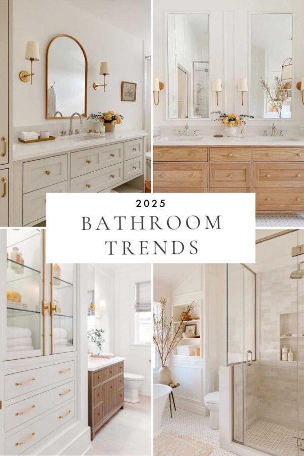 A look at bathroom trends and design ideas for 2025, with beautiful master bathroom inspiration, powder rooms, small full bath ideas, vanity cabinets, color trends, decor, lighting, shower tile, mixed metals, and more!