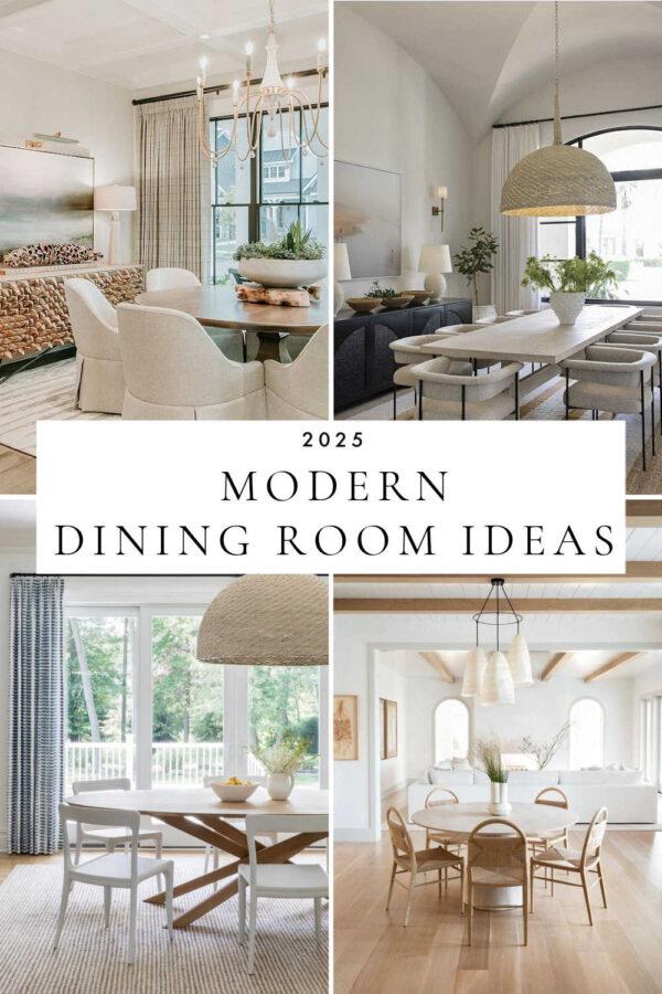 Beautiful modern dining room design ideas and trends for 2025, with lighting, rugs, furniture, tables, chairs, sideboards, art, kitchen breakfast nooks, coastal dining rooms, and more!