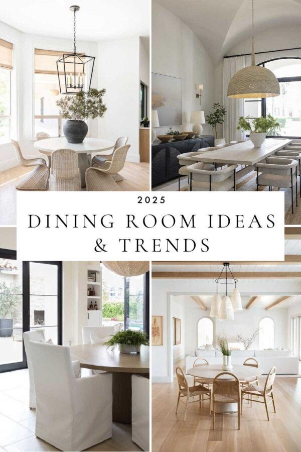 Beautiful modern dining room design ideas and trends for 2025, with lighting, rugs, furniture, tables, chairs, sideboards, art, kitchen breakfast nooks, coastal dining rooms, and more!