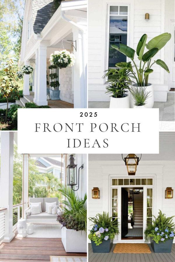 Beautiful front porch decor ideas for spring and summer 2025, with flower pots and filled urns, porch decor, front garden borders, front yard landscaping, hydrangeas, boxwood topiaries, outdoor ideas, bushes in front of the house, flower beds, front porch steps, and more