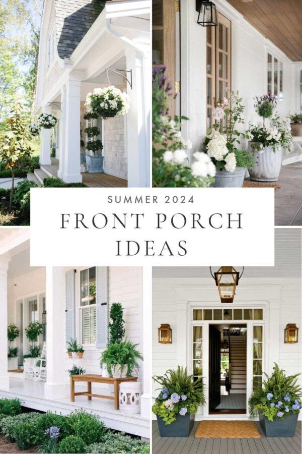 Beautiful front porch ideas for spring and summer 2024, with flower pots, decor, wreaths, and furniture to bring a welcoming modern touch to your front porch, patio, and home!