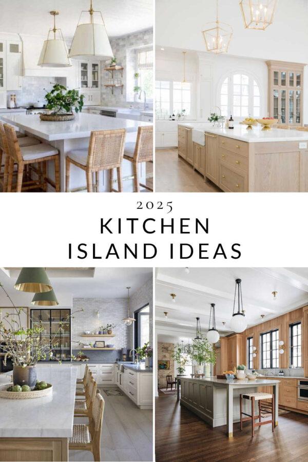 Beautiful kitchen island ideas, with kitchen remodel inspiration, small kitchen ideas, layout tips, kitchen decor, lighting, 2025 kitchen cabinet color trends, kitchen islands with shelves, and more!