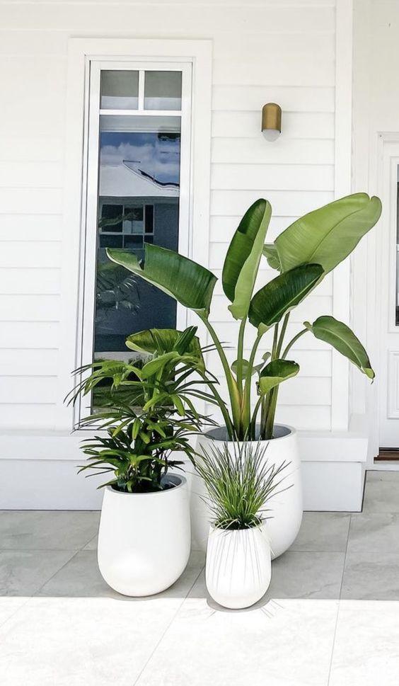 A grouping of two or three tall planters next to the front door -- especially when filled with green plants -- gives a modern look to your porch or patio