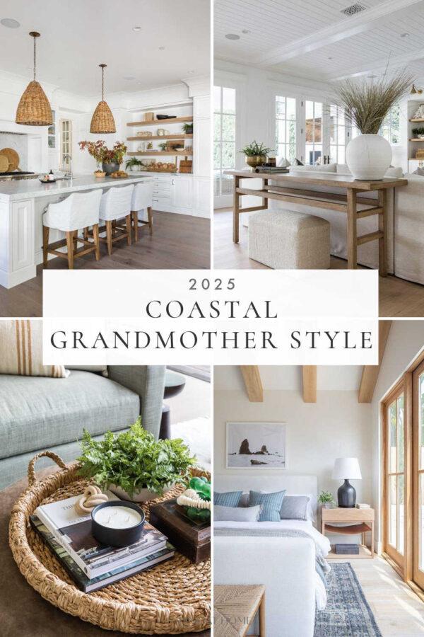 A look at coastal grandmother style interiors, with decor ideas and inspiration for bringing a Nancy Meyers inspired coastal grandma aesthetic to your living room, bedroom, kitchen, and home in 2025!