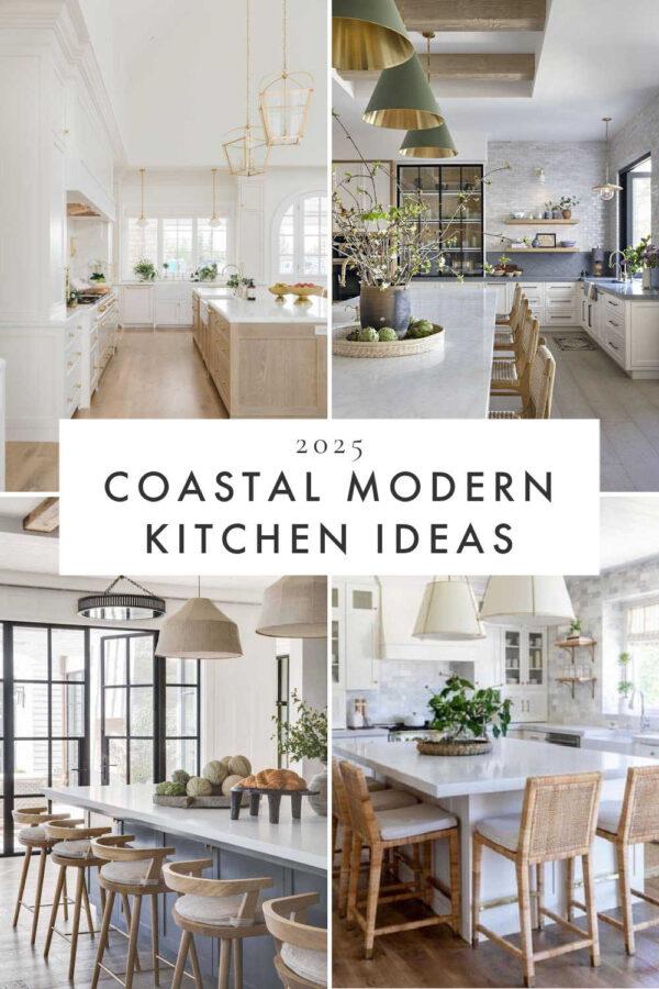 Beautiful coastal kitchen ideas and trends for 2025, with lighting, cabinet colors, backsplash ideas, white oak and white kitchens, California casual style, modern beach house kitchen decor, remodel inspiration, and more!