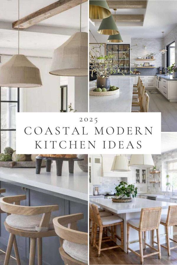 Beautiful coastal kitchen ideas and trends for 2025, with lighting, cabinet colors, backsplash ideas, white oak and white kitchens, California casual style, modern beach house kitchen decor, remodel inspiration, and more!