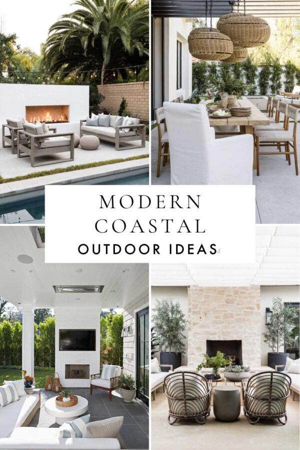 Beautiful modern coastal patio ideas and trends for 2025, with furniture, rugs, lighting, outdoor furniture, planters and urns, porch decor, designer inspiration, and more!