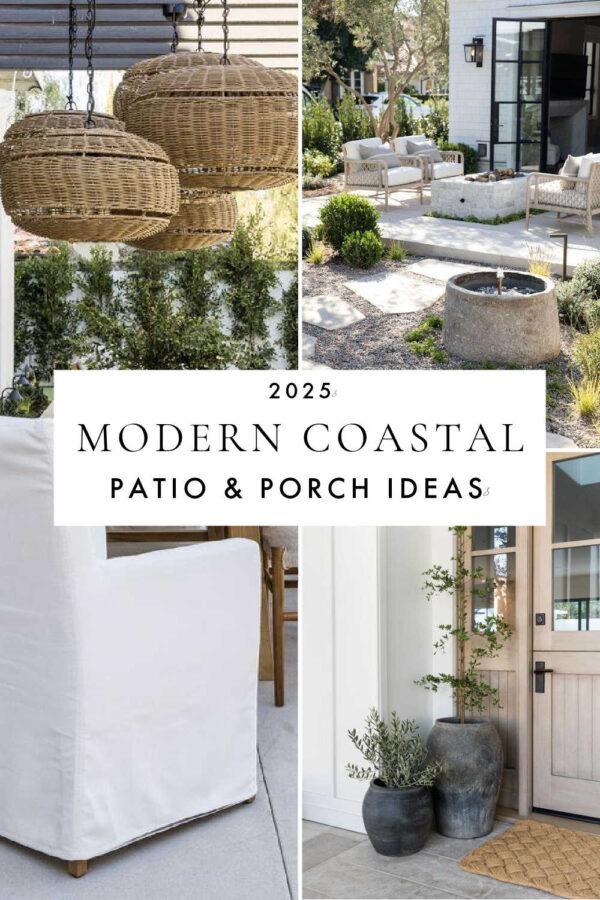 Beautiful modern coastal patio ideas and trends for 2025, with furniture, rugs, lighting, outdoor furniture, planters and urns, porch decor, designer inspiration, and more!