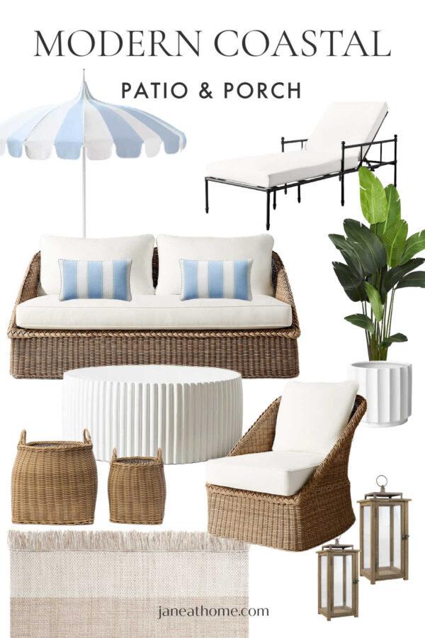 Beautiful modern coastal patio ideas and trends for 2025, with furniture, rugs, lighting, outdoor furniture, planters and urns, porch decor, designer inspiration, and more - Jane at Home