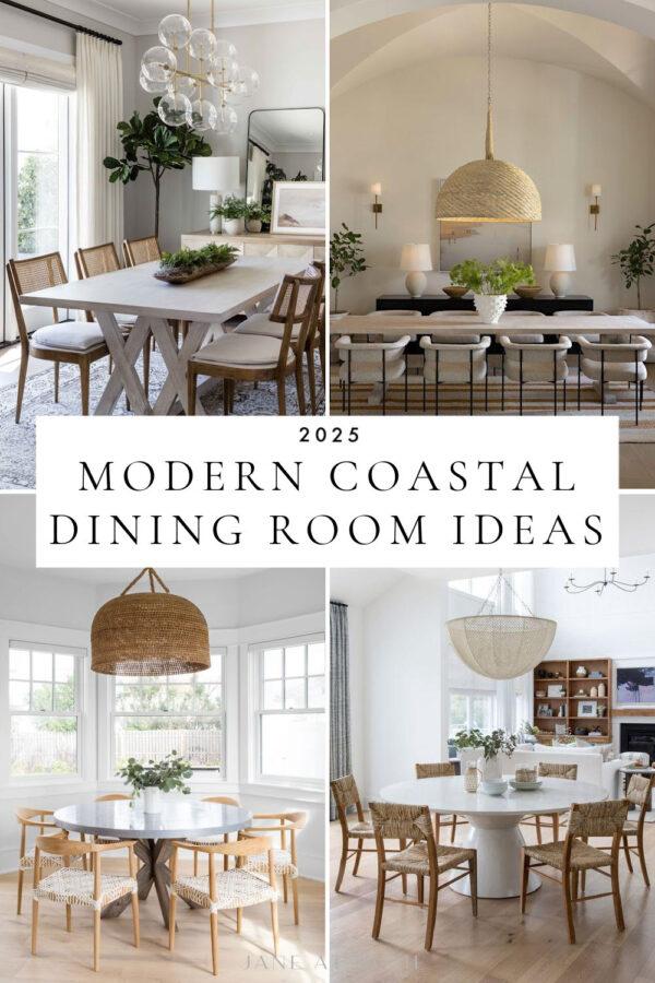 Beautiful modern coastal dining room ideas and trends for 2025, with lighting, colors, designer inspiration, table and chair ideas, rugs, wall art, beach style design, and more!