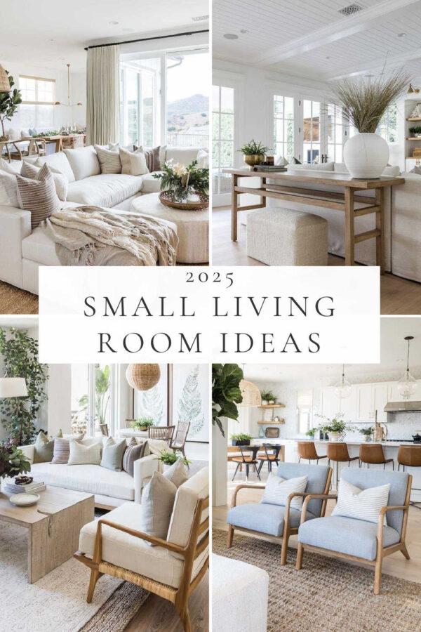 Beautiful small living room ideas and inspiration for 2025, with tips for arranging furniture in a tiny or narrow space, cozy living rooms, family room decor, apartment layout ideas, modern coastal spaces, coffee table inspiration, and more!