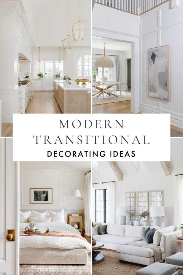 A look at transitional style interior design, a beautiful balance of modern and traditional style home decor, with ideas and tips to create a timeless, classic aesthetic in the living room, bedroom, dining room, kitchen, bathroom, and entryway!