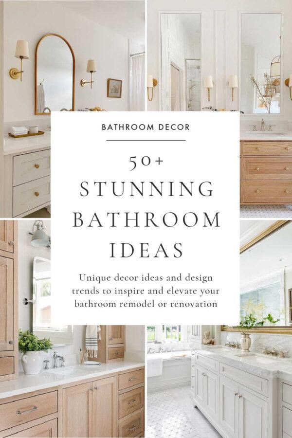 Beautiful bathroom decor and design ideas for 2025, with master and small bathroom designs, decor ideas, vanity colors, bathroom remodel inspiration, modern coastal style bathrooms, elegant powder room ideas, shower tile ideas, shower tile, narrow bathrooms, and more!