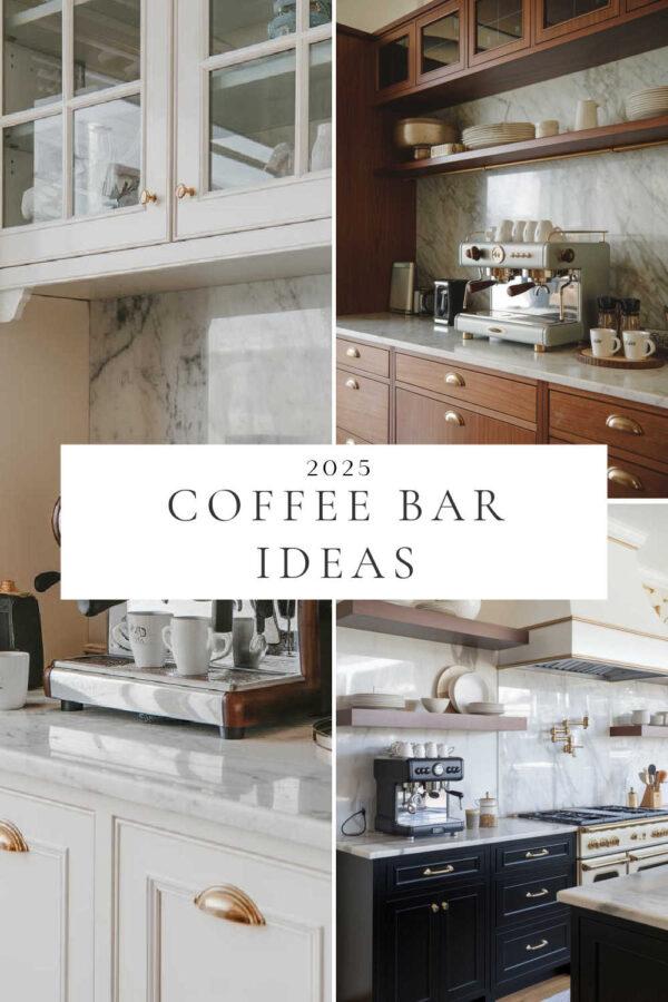 Beautiful coffee bar ideas and trends for 2025, with beverage stations, open shelving, decor, colors, backsplash ideas, small kitchen ideas, remodel inspiration, warm wood cabinets, navy blue kitchens, white kitchen cabinets, black kitchens, modern farmhouse style, dream kitchen pantry inspiration, and more!