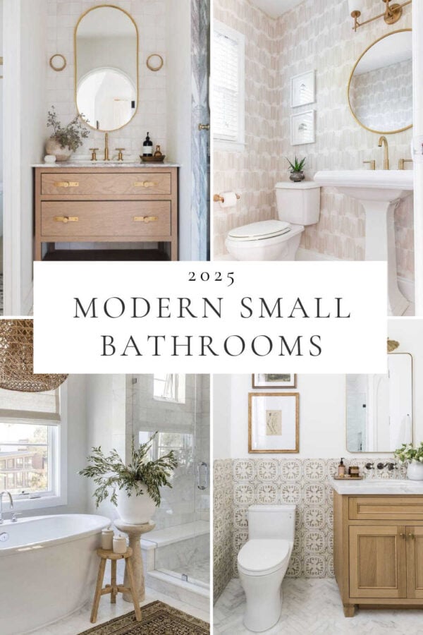 Beautiful modern small bathrooms, with design ideas, 2025 trends, small full bathroom inspiration, powder rooms, bathroom decor, warm white bathrooms, timeless master bathrooms, vanity cabinets, color trends, lighting, shower tile, mixed metals, and more!