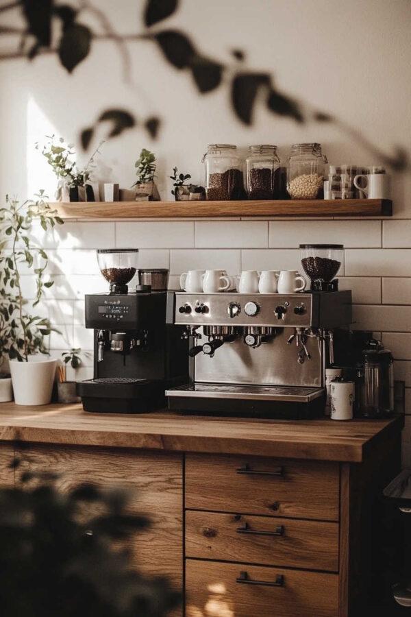 Beautiful coffee bar ideas and trends for 2025, with beverage stations, open shelving, decor, colors, backsplash ideas, small kitchen ideas, remodel inspiration, warm wood cabinets, navy blue kitchens, white kitchen cabinets, black kitchens, modern farmhouse style, dream kitchen pantry inspiration, and more!