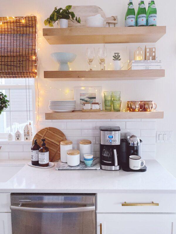 jane at home - Christmas decor in the kitchen - coffee bar with stacked open shelving