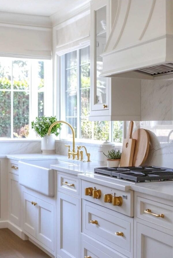 Timeless kitchen remodel featuring warm white cabinetry, marble backsplash, and brass accents.